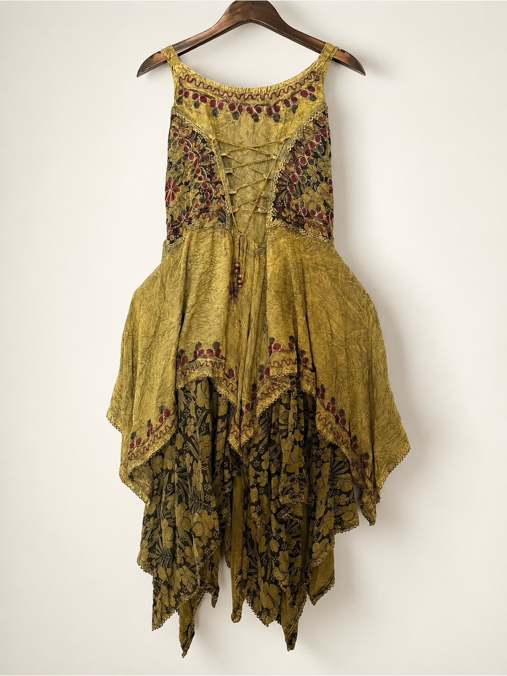 Boho Handkerchief Hem Pixie Dress Embroidered Corset Front Multi Layers NWT